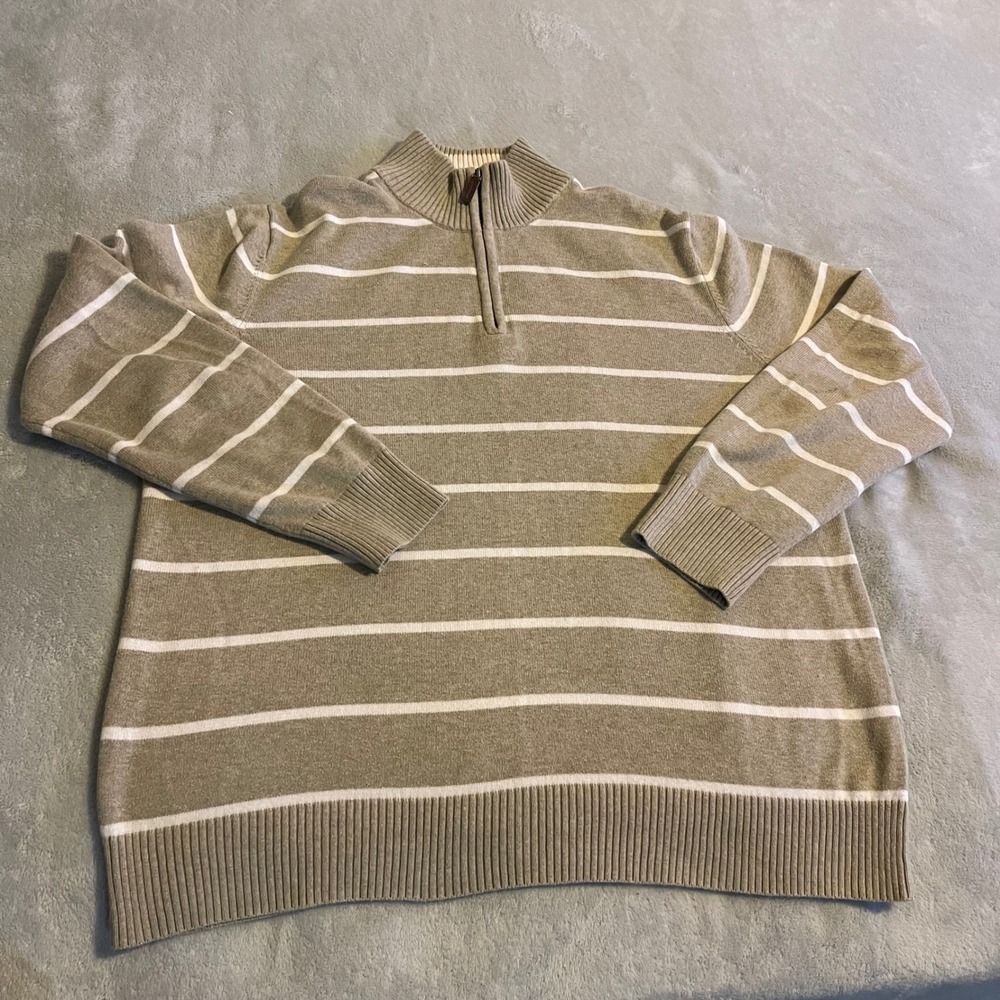 Merona Mens Striped Quarter Zip Pullover Sweater Khaki‎ White XL Cotton Casual